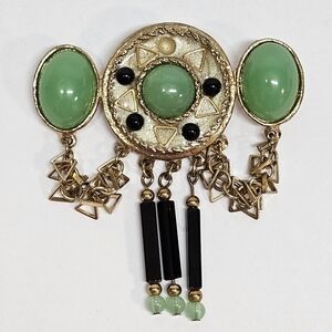 VINTAGE Unique Faux Jade Dangle Gold Tone Large Brooch Pin